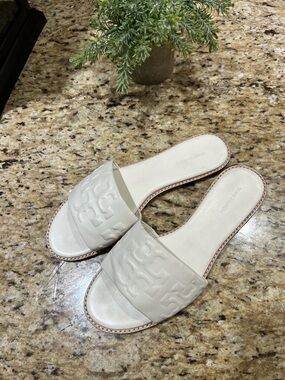 Tory Burch Everly High Frequency White  Logo Embossed Slide Sandals 9.5M
